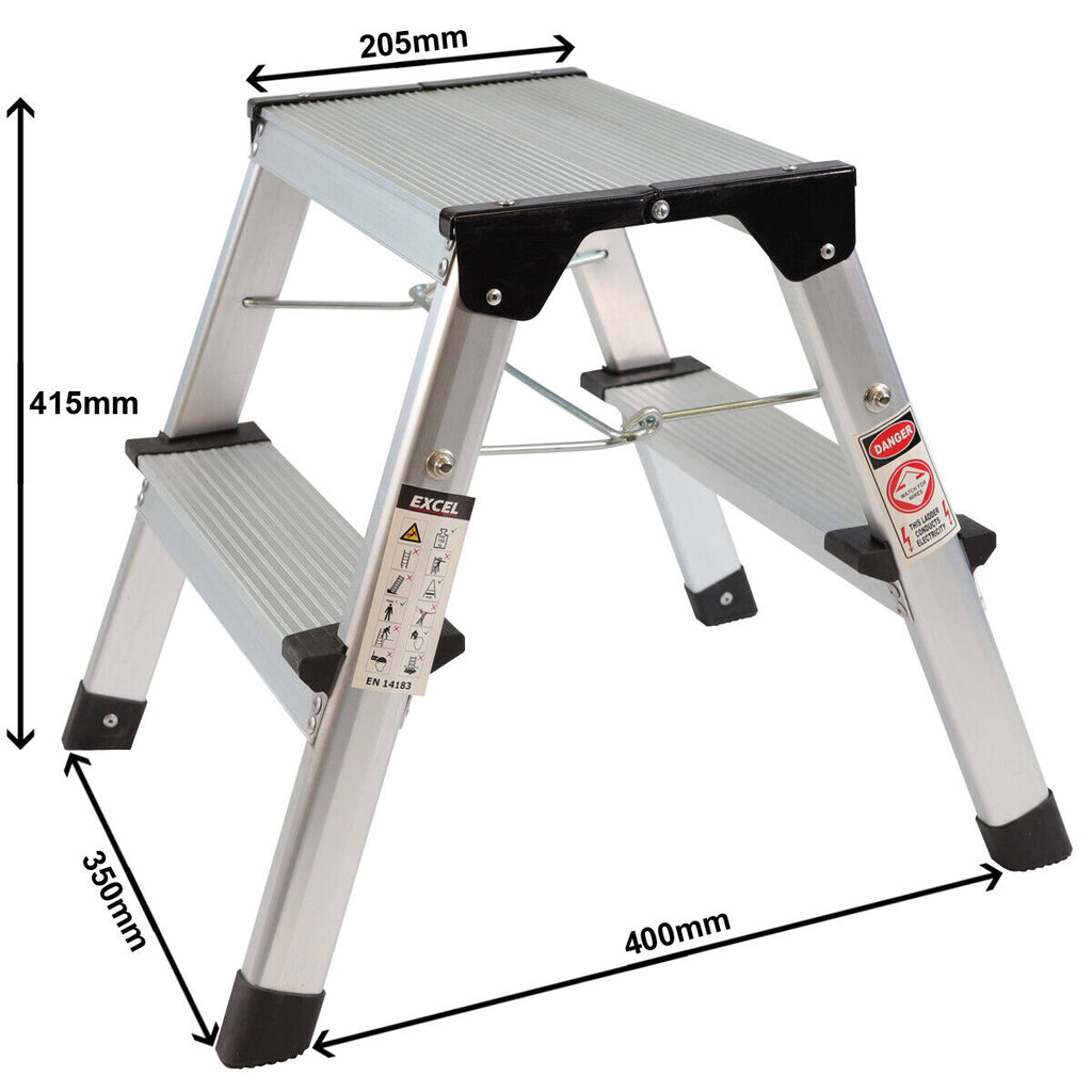 Excel Aluminium Stool Ladder 2 Tread Heavy Duty Folding Hop Up 350mm x 400mm 1605