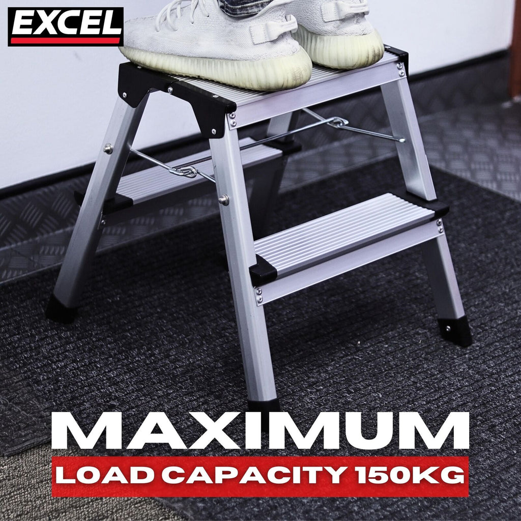 Excel Aluminium Stool Ladder 2 Tread Heavy Duty Folding Hop Up 350mm x 400mm 1605