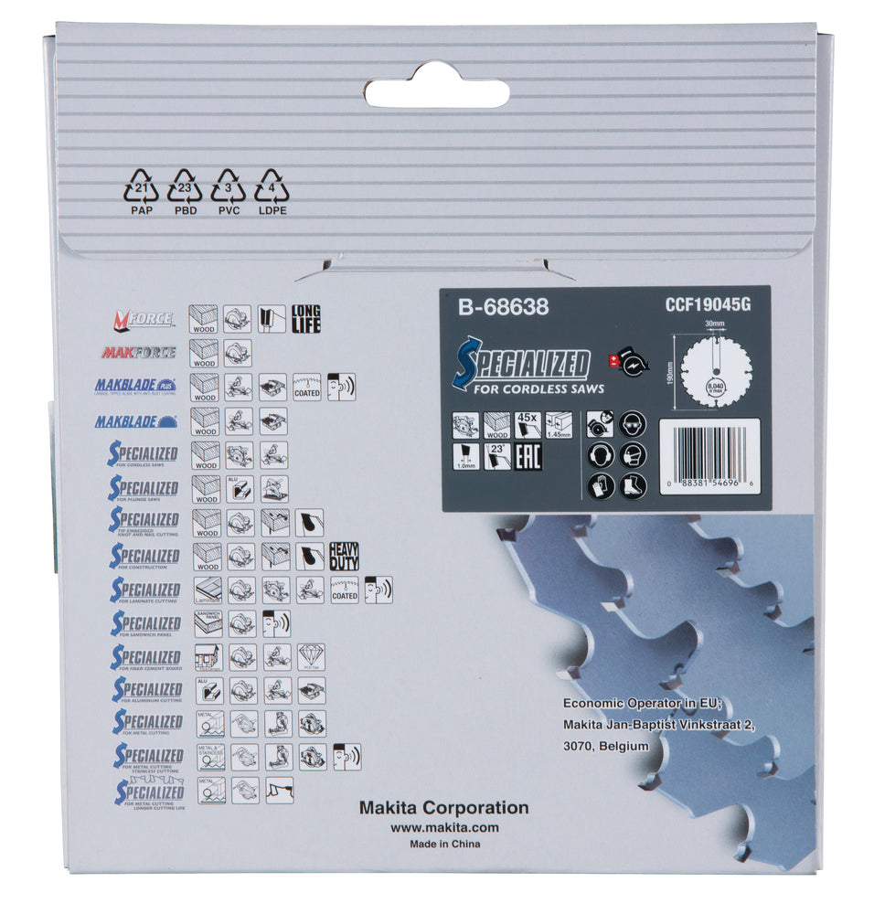 MAKITA Circular Saw Blade, Efficut, TCT, 190x30mm, 45T B-68638