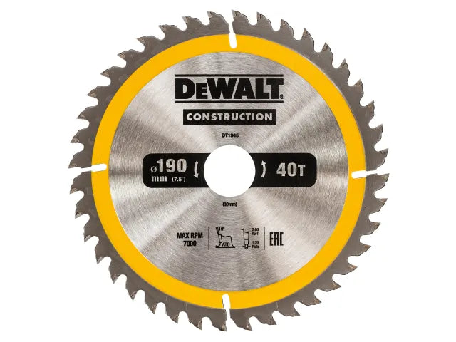 Dewalt DT1945-QZ Portable Construction Circular Saw Blade 190 x 30mm x 40T