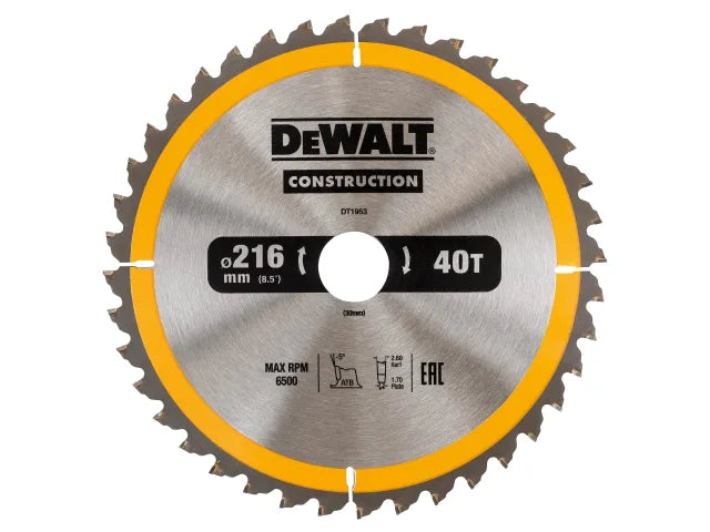 Dewalt DT1953-QZ Stationary Construction Circular Saw Blade 216 x 30mm x 40T ATB/Neg