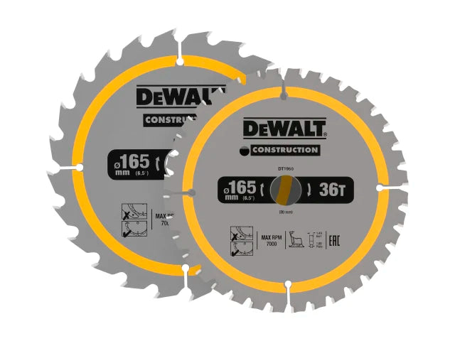 Dewalt DT90270 Construction Circular Saw Blade 2 Pack 165 x 20mm x 24T/36T