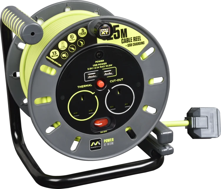 Masterplug 2 SKT 25M 13A med open extension reel + USB UK OMU25132USL-PX