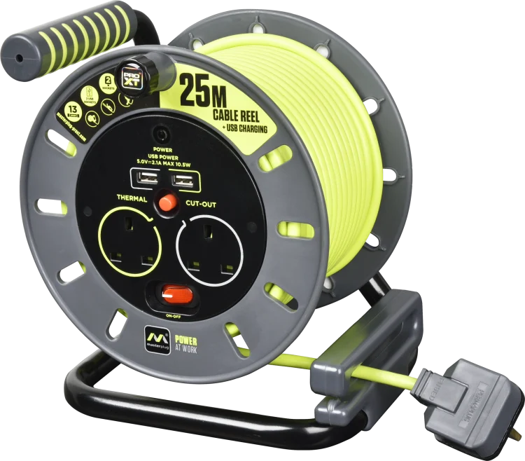 Masterplug 2 SKT 25M 13A med open extension reel + USB UK OMU25132USL-PX