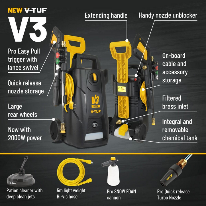 V-TUF V3 240 X2 2175psi 150Bar, 7.5L/min DIY Portable Electric Pressure Washer - HI-VIS HOSE & CABLE